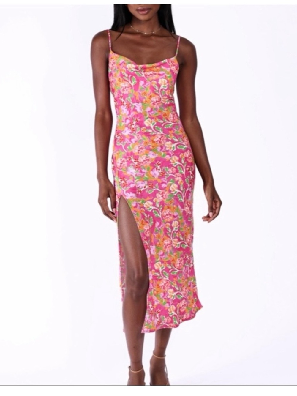 Pink Floral Slip Midi Dress with Side Slit